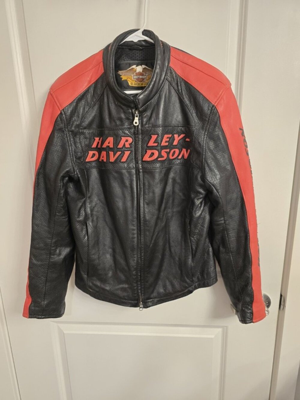 Harley Davidson Leather Motorcycle Jacket Mens M Black Orange Embroidered